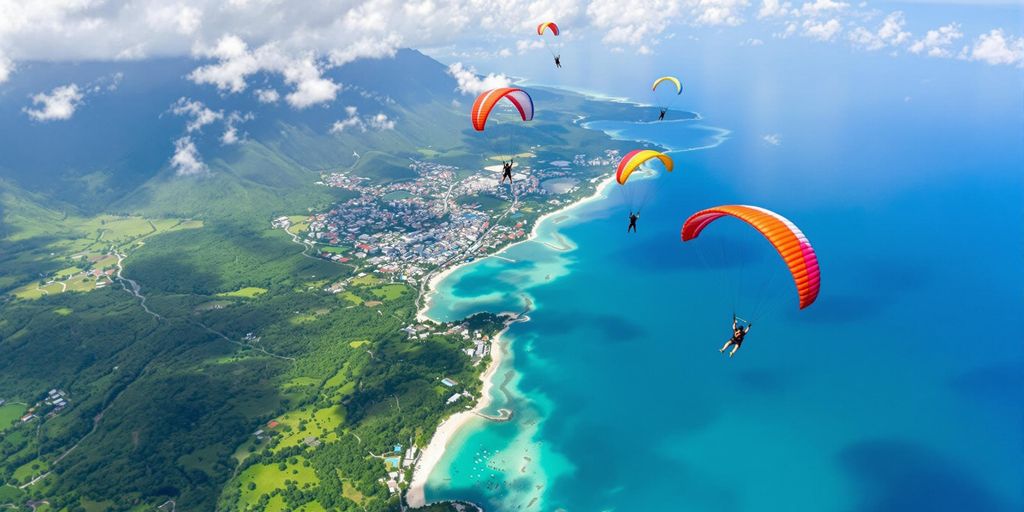 Skydivers diving over Bali's beautiful coastline.