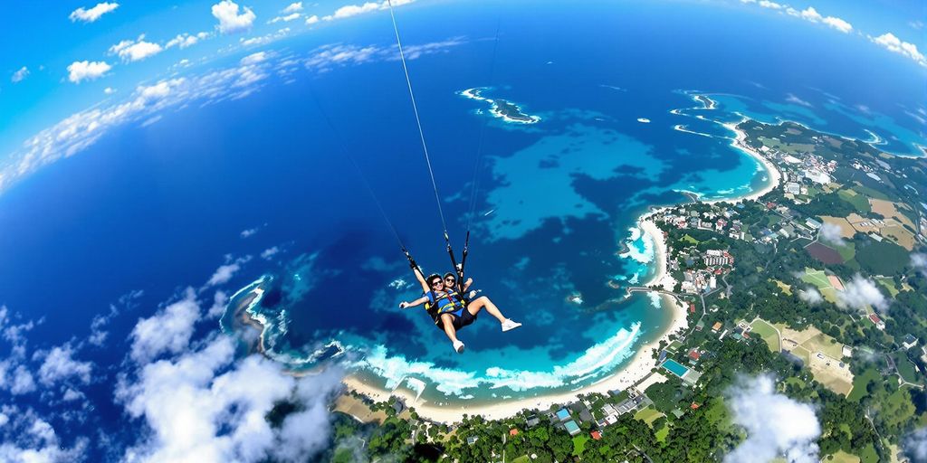 Skydiver freefalling over Bali's beautiful coastline.