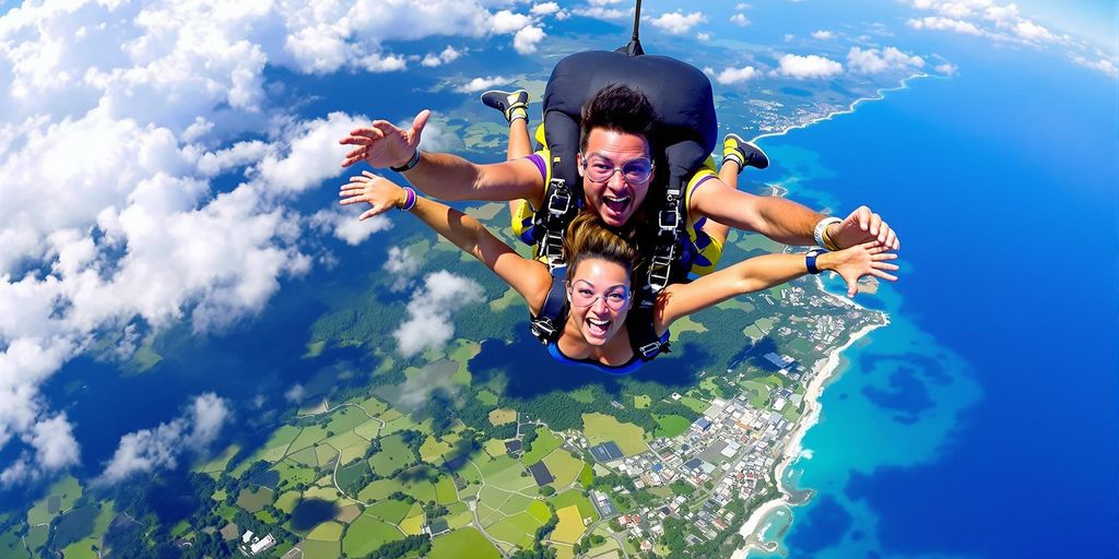 Tandem skydivers soaring above Bali's beautiful coastline.