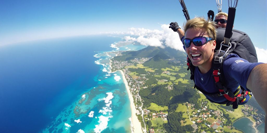 Skydiver freefalling above Bali's beautiful coastline.