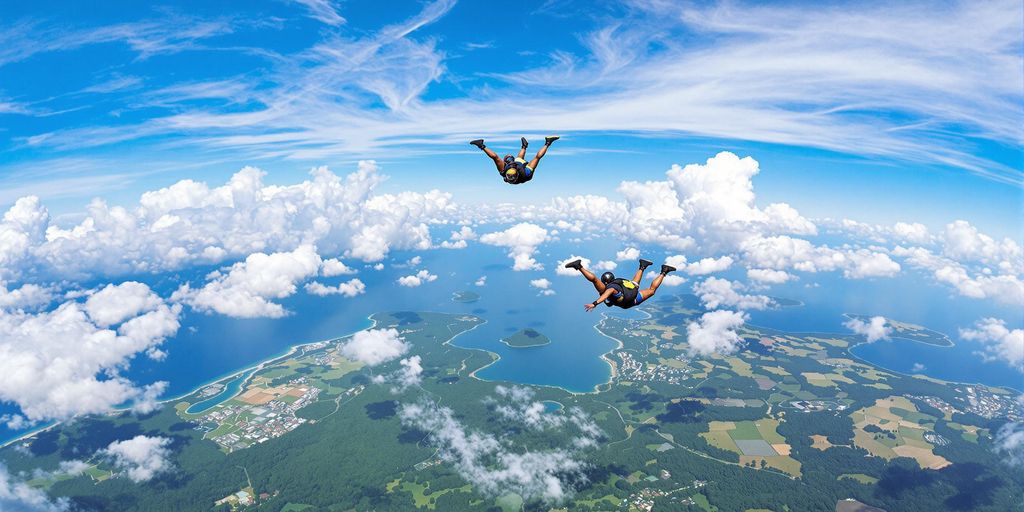 Skydivers diving over Bali's lush landscapes and blue skies.