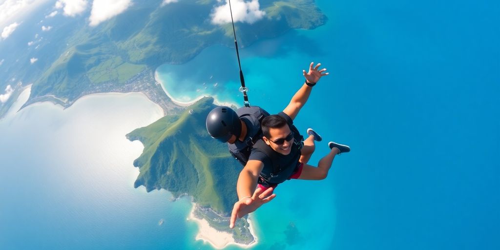 Tandem skydiver above Bali's beautiful coastline.