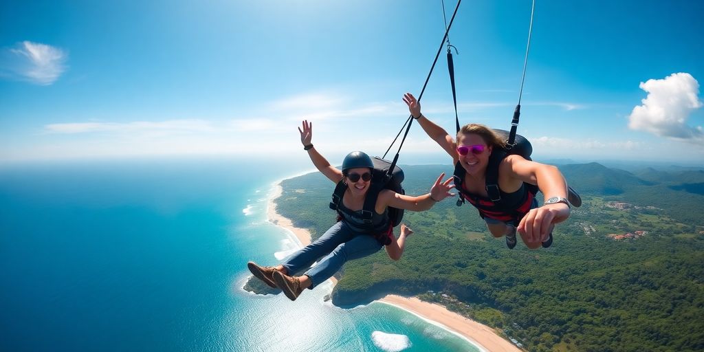 Skydivers descending over Bali's beautiful coastline and landscape.