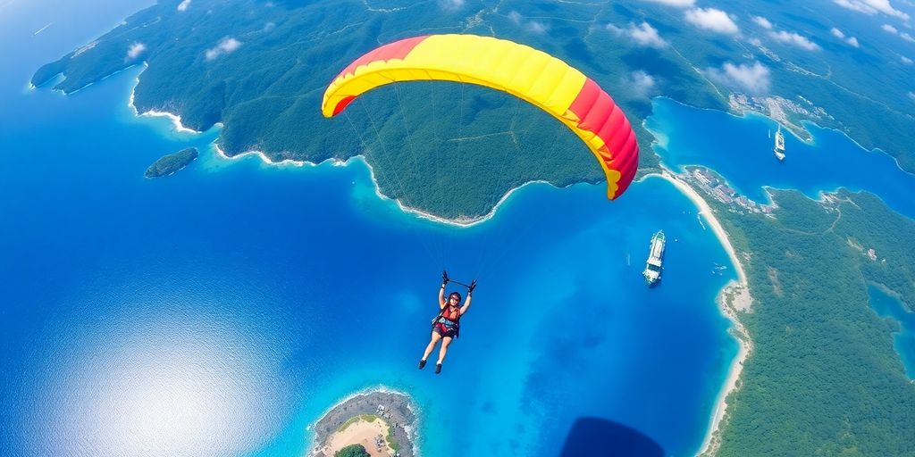 Skydivers descending over Bali's stunning coastline and landscape.