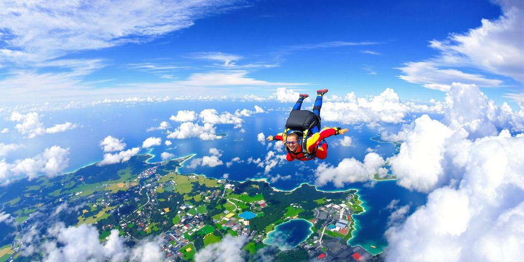 Skydiver soaring over Bali's stunning landscapes and ocean.