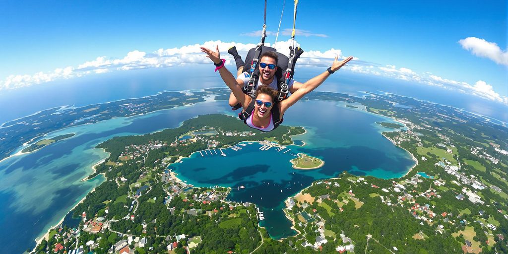 Skydiver above Bali's lush landscape and blue sky.