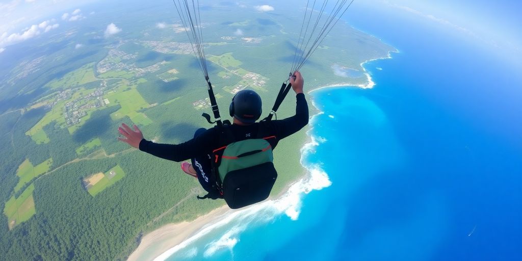 Parachutist diving over Bali's stunning landscape and ocean.