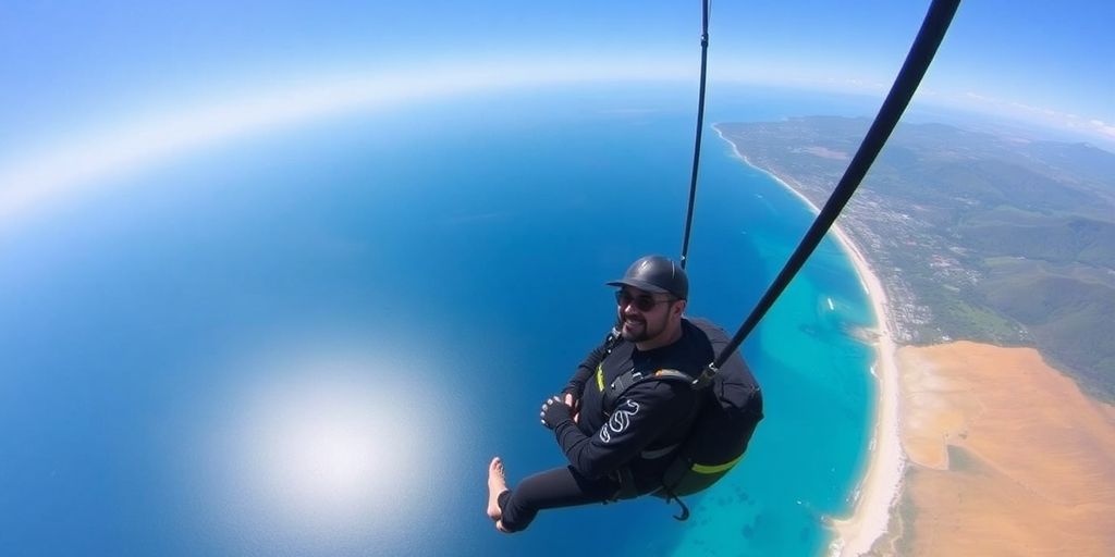 Tandem skydiver soaring above Bali's beautiful landscape.