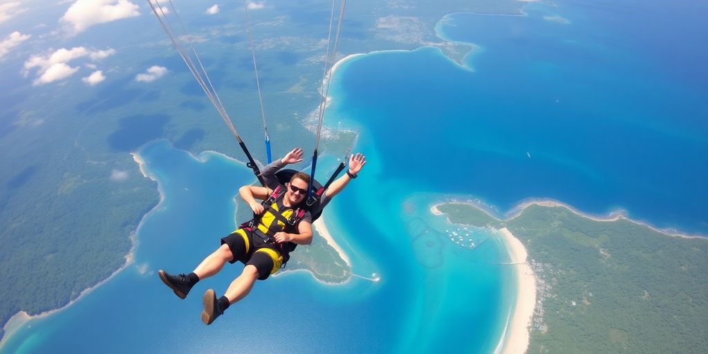 Tandem skydivers descending over Bali's lush landscape.