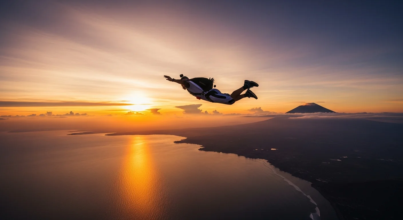Sunrise tandem skydive over Bali Pantai Kelating with golden-hour light