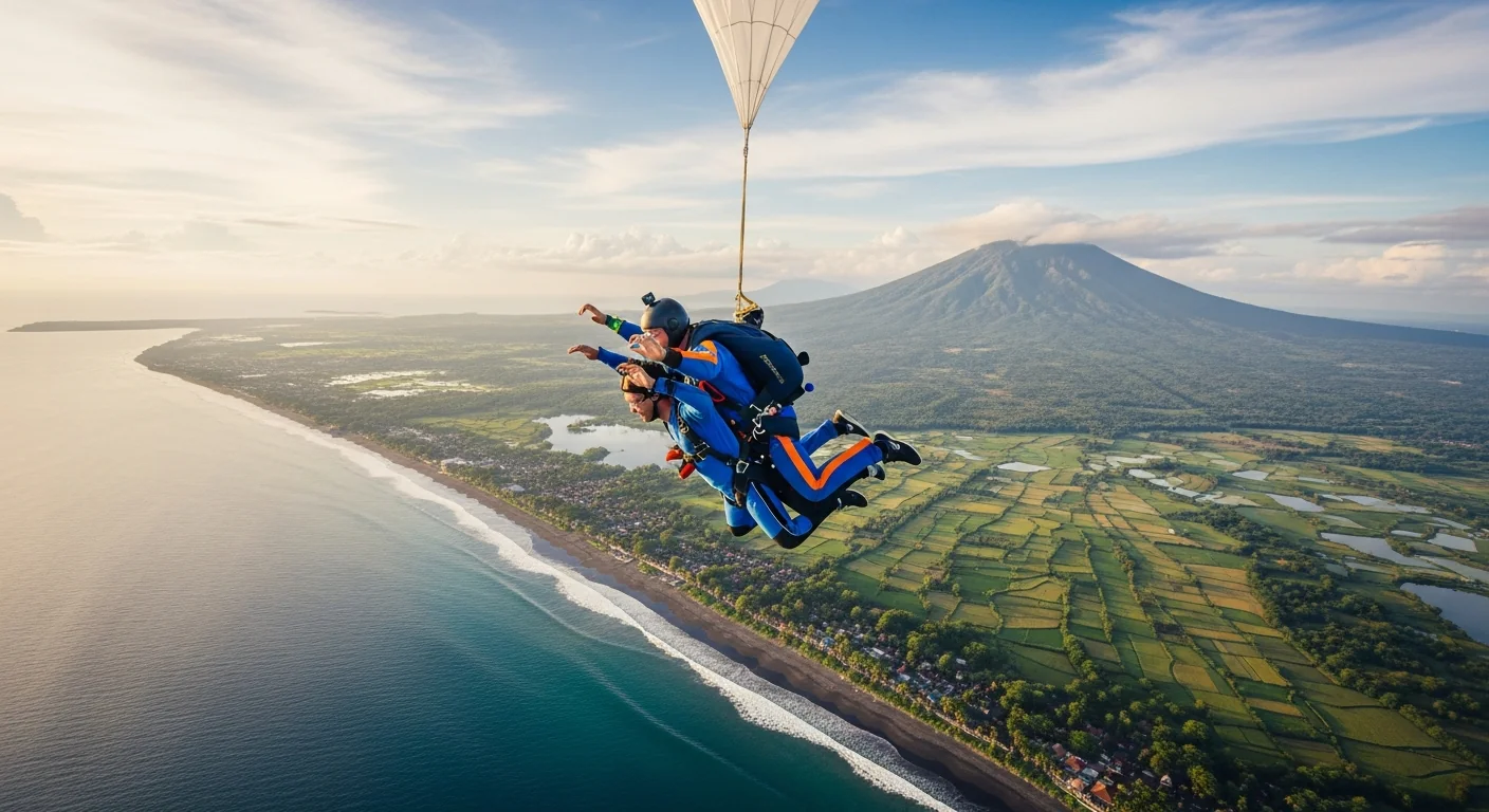 Tandem skydiving freefall over Pantai Kelating beach Bali at golden hour with parachute deploying